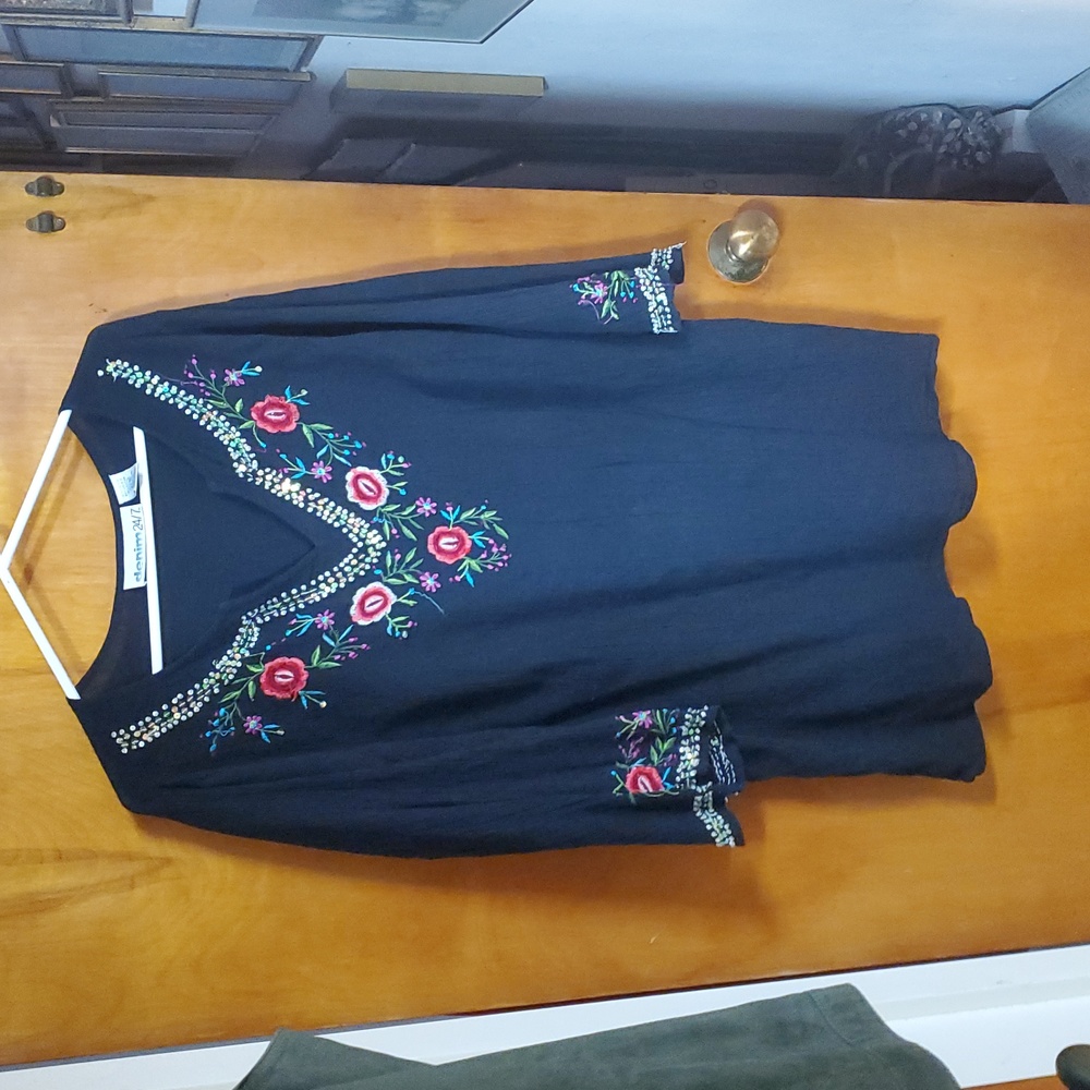 Denim 24/7 Black Embroidered Trim Tunic Top